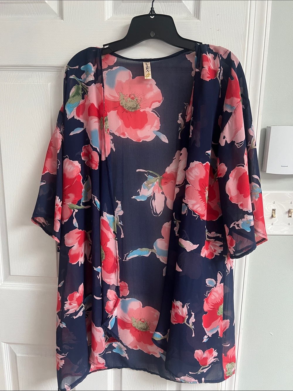 Navy Floral Sheer Kimono Cover-Up with Pink Blooms